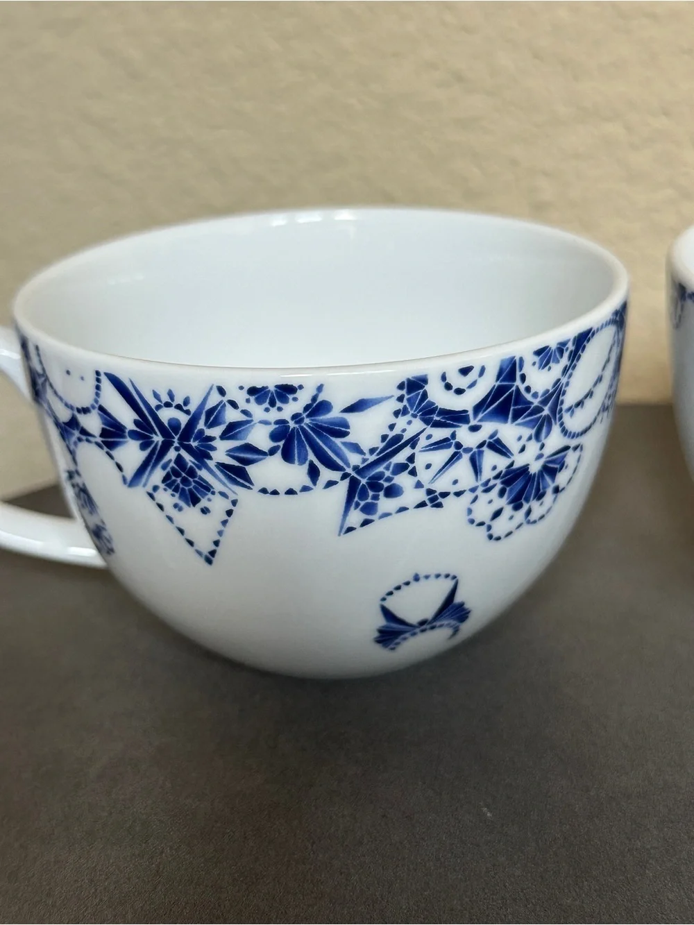 IKEA Promenad Coffee Cup Set of 2 Geometric Blue and White Floral Lace Pattern